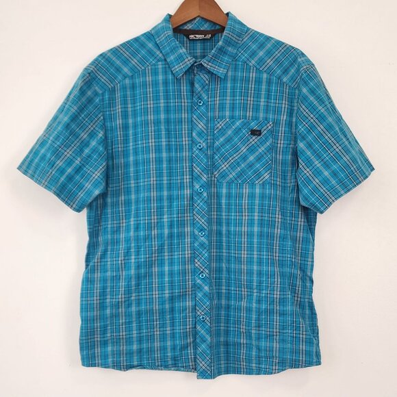 Arc'teryx Mens Med Aqua Blue Plaid Button Up Shirt Lightweight Outdoor Hiking - Picture 1 of 10
